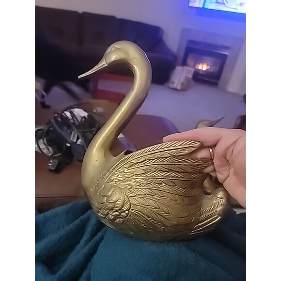 Vintage Swan Long Neck Bird Brass Sculpture Statue Figurine Gold Swan Set Of Two - Picture 3 of 14